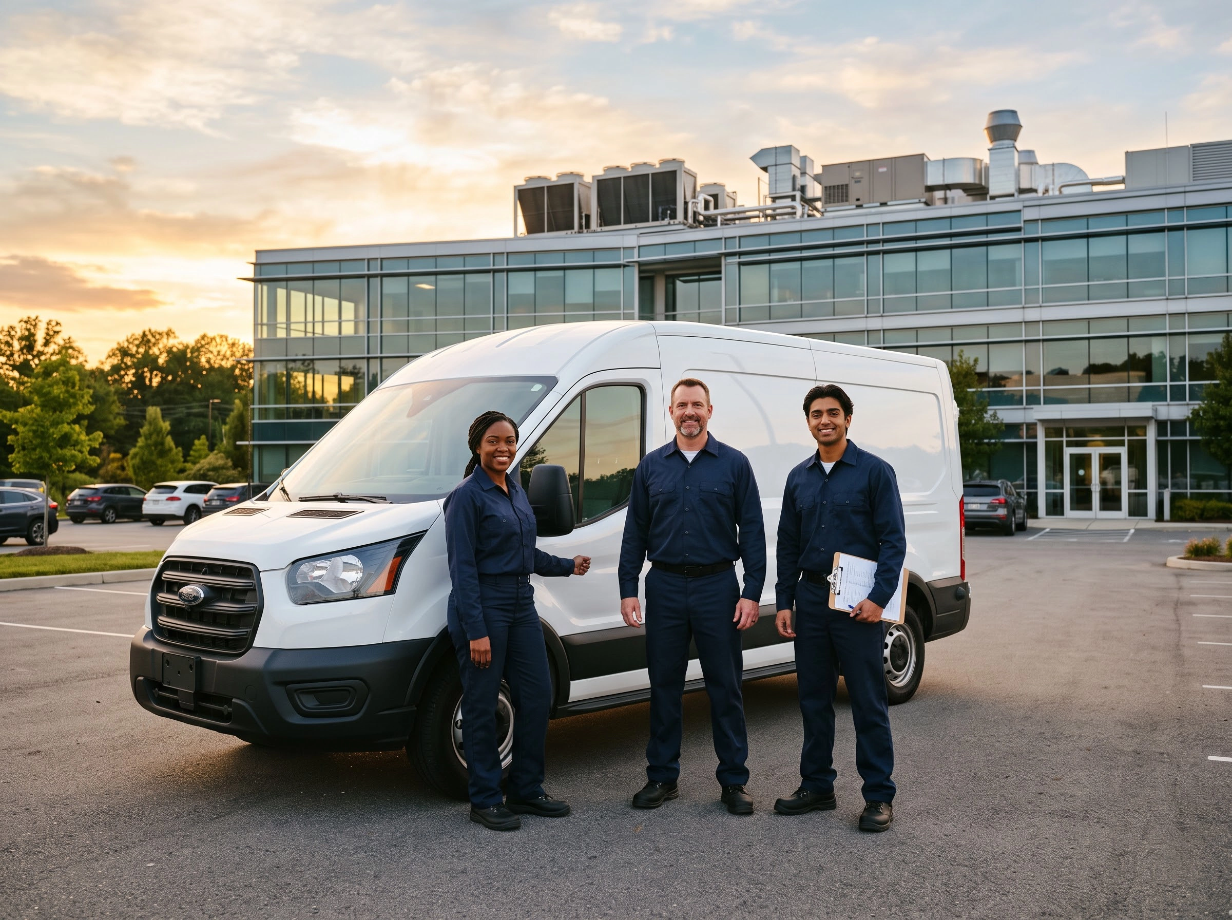 professional commercial HVAC technician or service team beside a clean branded fleet